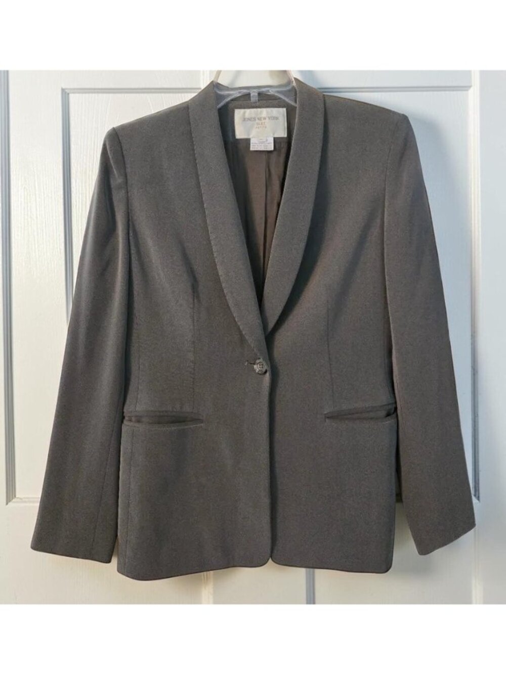 Jones New York Suit Petite Blazer Charcoal Gray Single Button Shawl Collar